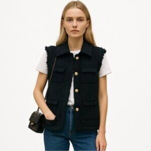 Zara Black Structured Frayed Trim Textured Vest for Women, Gold Buttons, size XS